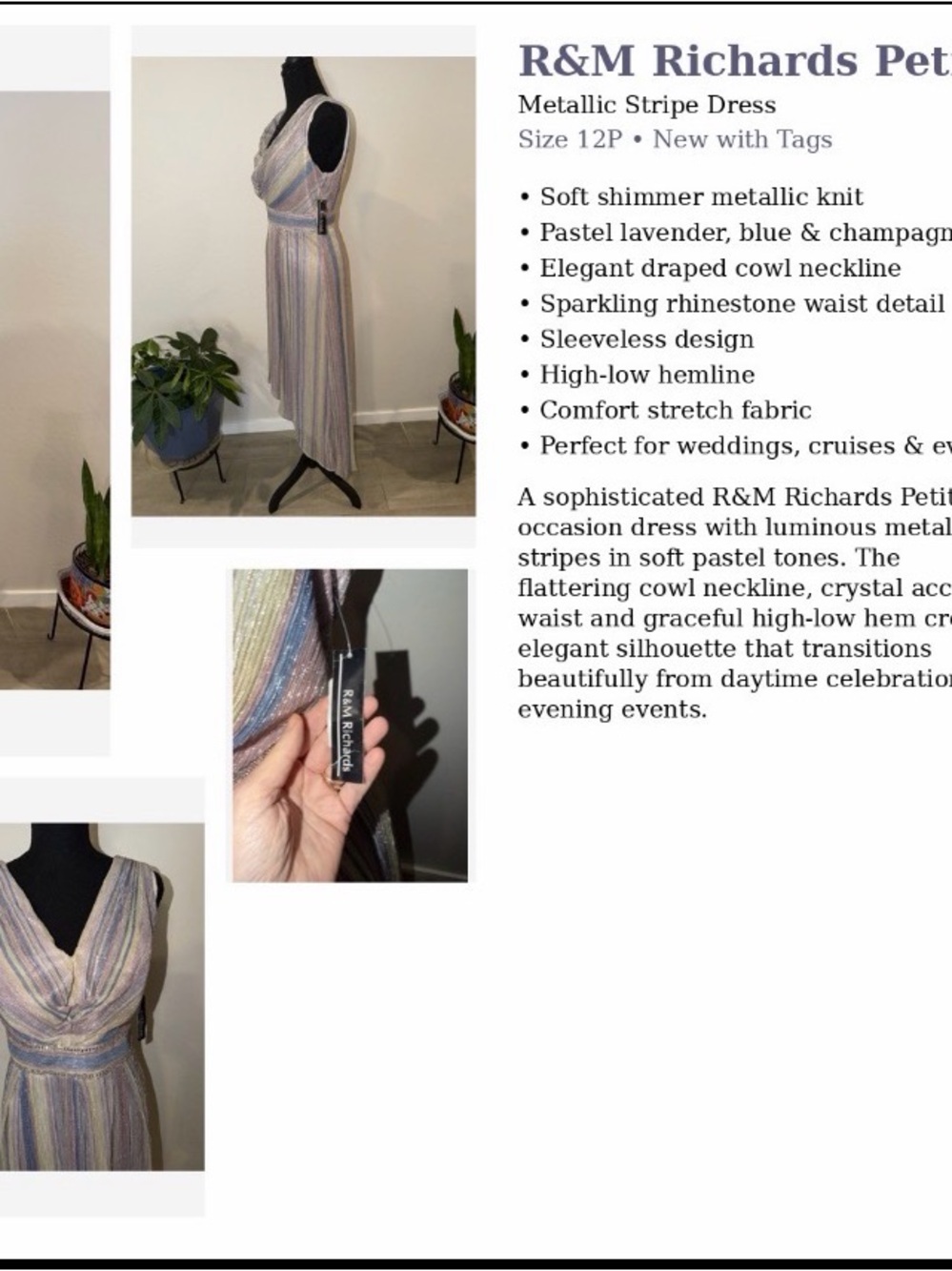 R&M Richards Pastel Metallic Stripe Cowl Neck Dress - Lavender, Blue, Champagne